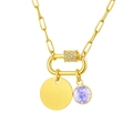 Golden paperclip chain necklace with blank round tag and purple birthstone charm - Light Purple Gem Round Tag Pendant (NC-2181G-6)