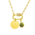 Gold paperclip chain necklace with green birthstone and oval pendant in a variant view - Olive Green Gem Round Tag Pendant (NC-2181G-8)