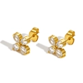 Elegant gold plated stainless steel stud earrings with clear flower zircon petals - White Zircon