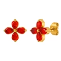 Gold four-leaf flower stud earrings featuring vibrant red pear-cut zircon stones - Red Zirconia