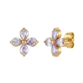 Elegant gold stainless steel stud earrings with purple clover-shaped zircons - Purple Zirconia
