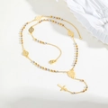 Detail of tri-color beaded rosary necklace with Miraculous Medal and gold cross pendant - Tri-color Bead Religious Necklace (NC-2346G03)