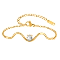Gold stainless steel wavy bar bracelet with a sparkling round zircon and K18 tag - Wave Single Zircon Bracelet (BR-2326G01) / Gold