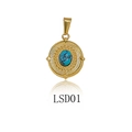 Gold stainless steel round pendant featuring a turquoise stone inlay with beaded edges - Round Style (LSD01) / Gold