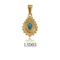 Vintage gold plated stainless steel pendant with oval blue turquoise stone inlay - Radiant Border Style (LSD03) / Gold