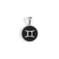 Detailed view of round Gemini zodiac pendant with black enamel and silver metal finish - Gemini-Silver (KOX08)