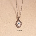 Silver Hamsa Hand pendant with blue Evil Eye detail on a vintage chain necklace - Hamsa Hand Style (YJD03) / Necklace / Silver