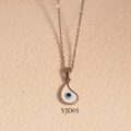 Evil Eye teardrop pendant necklace in silver finish with blue nazar charm on white base - Teardrop Evil Eye Style (YJD05) / Necklace / Silver