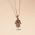 Silver Hamsa Hand pendant necklace with blue Evil Eye detail and delicate chain link - Hollow Hamsa Hand Style (YJD06) / Necklace / Silver