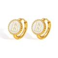 Gold-plated earrings with white enamel round pendant featuring golden letter B - Letter B