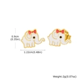 Detailed size view of gold-plated white elephant stud earrings with a red bow - Elephant Earrings (ES-719G)