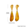Detailed view of amber resin teardrop earrings with gold metal studs and size markings - Amber Long Teardrop Dangle Earrings (ED-948G)