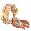 Elegant gold geometric ring with red and white geometric silk scarf accessory - Bangle And Brown Pattern Satin Scarf