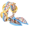 Gold open bangle featuring a colorful floral silk scarf wrap for an elegant woman's accessory - Bangle And Blue Pattern Satin Scarf
