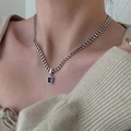 Vintage silver chain necklace featuring a lucky engraved blue rectangular zircon pendant - Rectangle Blue Gemstone LUCKY Style (XL1517)