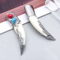 Ethnic tibetan silver tooth pendants with vintage carvings and red blue bead inlays - Single Sided White Double Gemstone Style