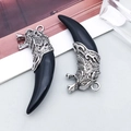 Ethnic vintage silver wolf head tooth pendant with intricate metallic carvings - Double Sided Black Small Fierce Wolf Head Style