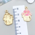 Pink enamel flower teapot pendant with Love You Mom engraving and size scale - KC Gold Pink Enamel Flower / 25*17mm