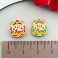Colorful enameled God of Wealth charm bead with golden edges, 11mm size on ruler - Red and Green Enamel Fortune God with Sword (22917)