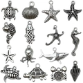 Set of 15 vintage silver ocean charms featuring starfish, sharks, and turtles for DIY jewelry - Antique Silver Ocean Series Set 15pcs (SN1152)