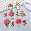 Set of 10 red enamel flower charms including roses and tulips for DIY jewelry making - Enamel Red Branch Flower Series Set