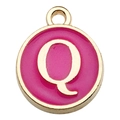 Rose pink enamel round alphabet Q pendant with gold plating for DIY jewelry making - Double-Sided Letter Charm Q / 1 Piece (12x14mm) / Rose Red