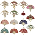 Colorful enamel hollow bamboo fan pendants with lucky characters for DIY jewelry making - Assorted 15 Pcs Enamel Fan Series (SN1141)