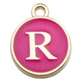 Pink enamel round pendant featuring golden letter R for DIY necklaces and bracelets - Double-Sided Letter Charm R / 1 Piece (12x14mm) / Rose Red