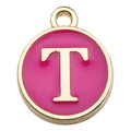 Pink enamel round alphabet T pendant in gold plated alloy for DIY jewelry - Double-Sided Letter Charm T / 1 Piece (12x14mm) / Rose Red
