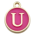 Golden round pendant with letter U and bright pink enamel for DIY jewelry making - Double-Sided Letter Charm U / 1 Piece (12x14mm) / Rose Red