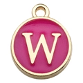 Pink enamel round pendant with golden letter W for DIY jewelry making and crafts - Double-Sided Letter Charm W / 1 Piece (12x14mm) / Rose Red