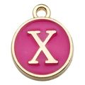 Round letter X pendant with pink enamel and gold-plated finish for DIY jewelry - Double-Sided Letter Charm X / 1 Piece (12x14mm) / Rose Red