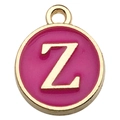 Pink enamel round pendant with gold Z letter for DIY jewelry making - Double-Sided Letter Charm Z / 1 Piece (12x14mm) / Rose Red