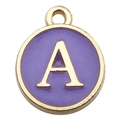 Golden round pendant with purple enamel and letter A for DIY jewelry making - Double-Sided Letter Charm A / 1 Piece (12x14mm) / Purple