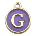 Golden round pendant with light purple enamel and letter G for DIY jewelry making - Double-Sided Letter Charm G / 1 Piece (12x14mm) / Purple