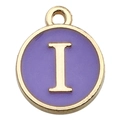 Golden round pendant with purple enamel and letter I for DIY jewelry making - Double-Sided Letter Charm I / 1 Piece (12x14mm) / Purple