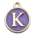 Golden round pendant with purple enamel and letter K for DIY jewelry making - Double-Sided Letter Charm K / 1 Piece (12x14mm) / Purple