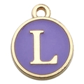 Golden round pendant with purple enamel and letter L for DIY jewelry making - Double-Sided Letter Charm L / 1 Piece (12x14mm) / Purple