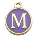 Golden round pendant with purple enamel and letter M for DIY jewelry making - 1 x Purple Single Letter M