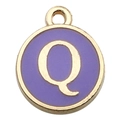 Golden round pendant with purple enamel featuring letter Q for DIY jewelry making - 1 x Purple Single Letter Q