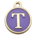 Round gold-plated metal pendant with purple enamel and 3D capital letter T charm - 1 x Purple Single Letter T