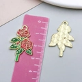 Deep red enamel rose bouquet pendant with golden finish and green leaves, 4cm long - Red Gold Base Enamel Rose with Leaves (23482)