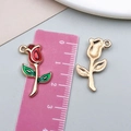 Red rose flower pendant with gold metal frame for DIY jewelry making and crafts - Large Red Gold Base Enamel Rose with Green Leaves (23756)