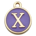 Round gold-rimmed alphabet charm with purple enamel and letter X for DIY jewelry - 1 x Purple Single Letter X