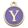 Golden round pendant with purple enamel and letter Y charm for DIY jewelry making - 1 x Purple Single Letter Y