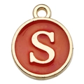 Orange enamel round letter S charm with gold metal frame for DIY jewelry making - 1 x Red Single Letter S