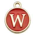 Gold-plated round charm with red enamel finish and white letter W for DIY jewelry - 1 x Red Single Letter W