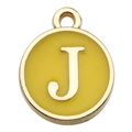 Golden round pendant with yellow enamel inlay and letter J for DIY jewelry making - 1 x Yellow Single Letter J