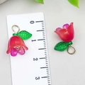 Pink acrylic tulip flower pendant with green leaf and golden ring for jewelry making - Rose Red Orange (22376)