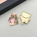Pink enamel house pendant with flower detail and golden textured back for jewelry making - Pink Mushroom Flower House (19019)